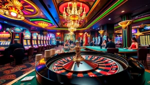 A dynamic casino scene showcasing players enjoying game u888 at luxurious tables with vibrant slot machines.
