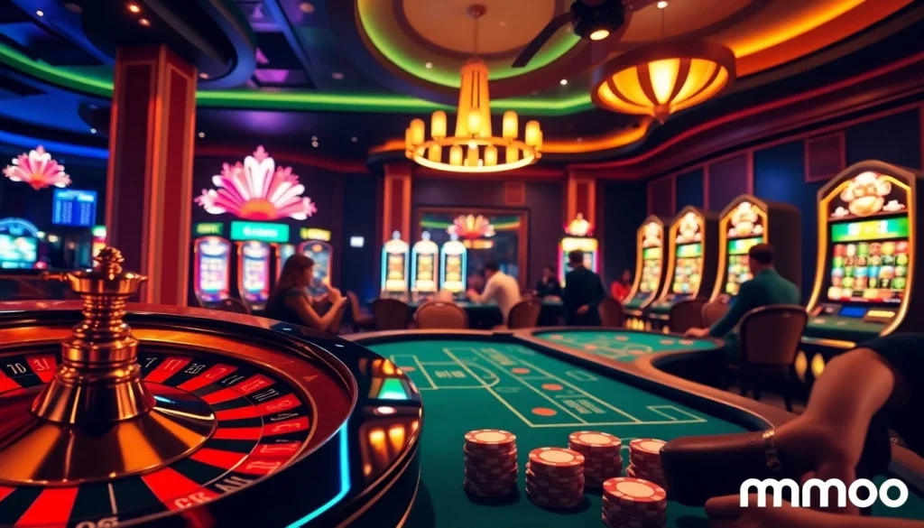 Experience the thrill of gambling with mmoo at a luxurious casino featuring roulette and slot machines.