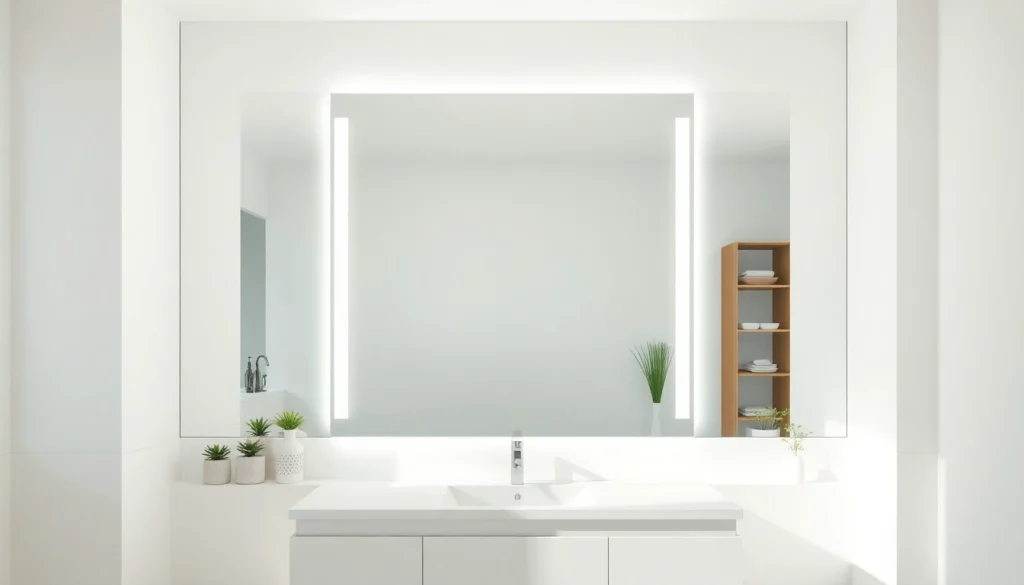 Innovative mirror and led lights illuminating a stylish modern bathroom for a refreshing ambiance.