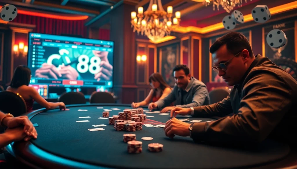 CM88 players engaging in an intense poker game at a luxurious casino table.