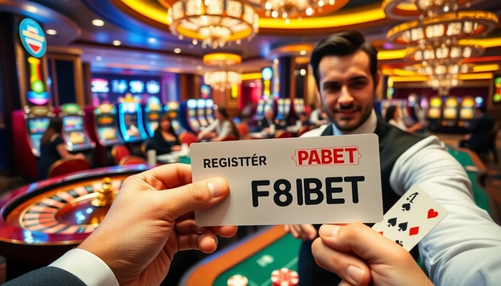Experience the thrill of gambling with "Đăng Ký F8BET" highlighted amid an exciting casino scene featuring roulette and poker tables.