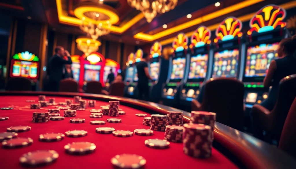 Experience the excitement of i9bet with a high-stakes casino scene filled with lively poker chips and slot machines.