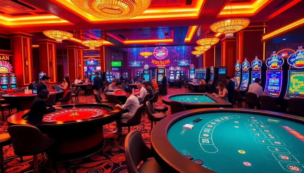 Engage in thrilling gameplay at Nhà Cái OKFUN with vibrant casino tables and exciting slot machines.