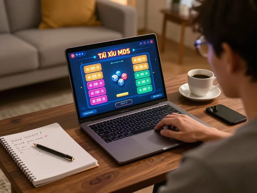 Tai Xỉu MD5 online gameplay showing strategy notes and dice results on laptop