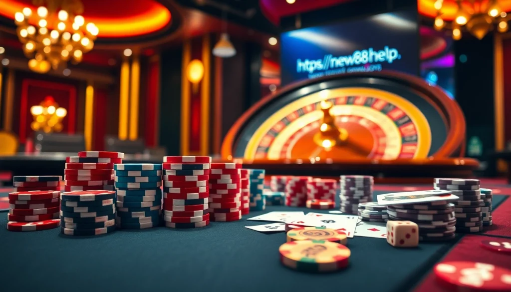 Experience excitement at https://new88.help/ with vibrant gambling action featuring poker chips and a roulette wheel.