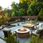 Experience Wellesley Outdoor Living with a stunning modern patio, elegant fire pit, and vibrant greenery.