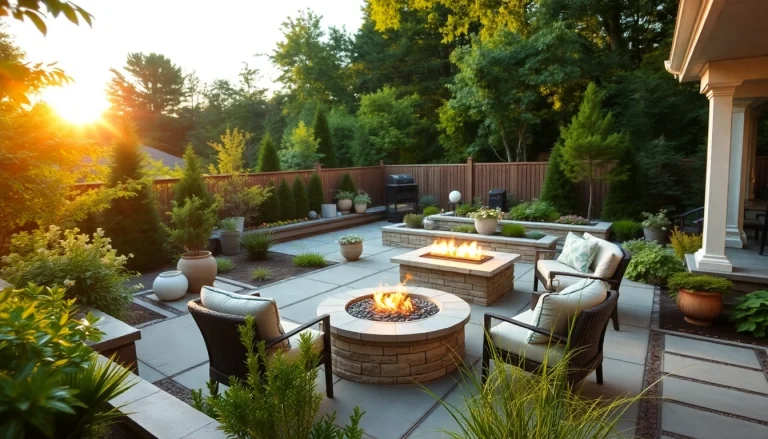 Experience Wellesley Outdoor Living with a stunning modern patio, elegant fire pit, and vibrant greenery.