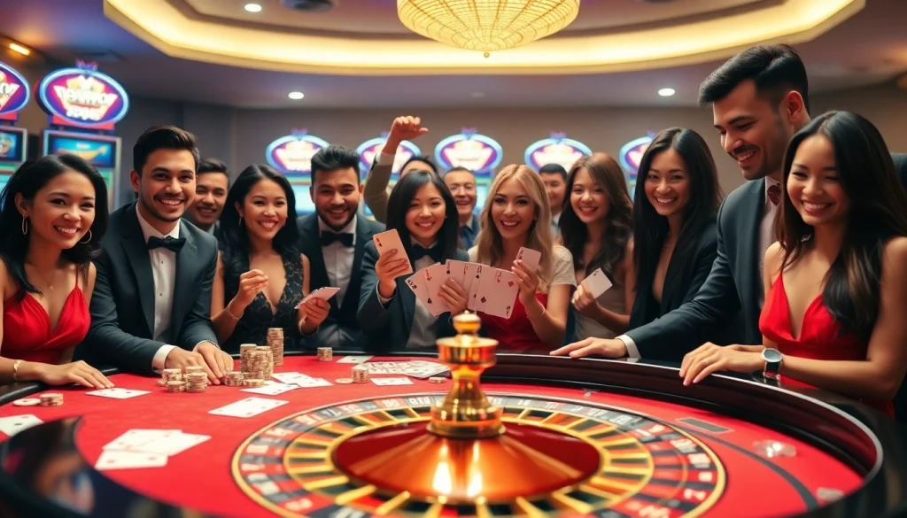 Players enjoy an exhilarating game at 789club casino table, highlighting poker chips and winning moments.