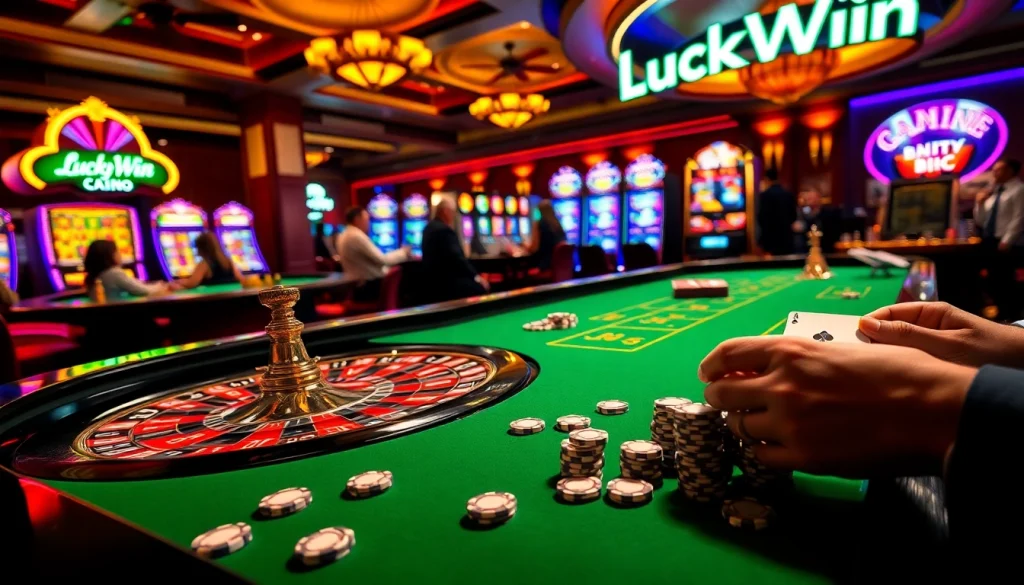 LuckyWin casino players experiencing the thrill of roulette and slots in a vibrant atmosphere.
