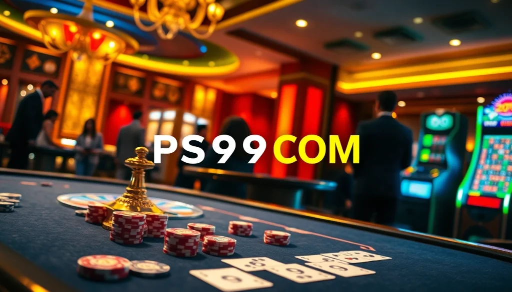Players enjoying a lively casino atmosphere at PS99COM with poker chips and cards on the table.