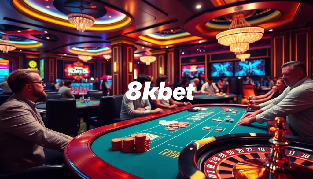 Experience thrilling gambling action with 8kbet at an upscale casino atmosphere.