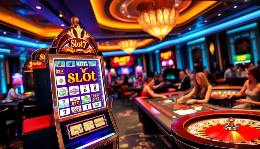 Players celebrating a win at slot777 machines in a vibrant casino environment.