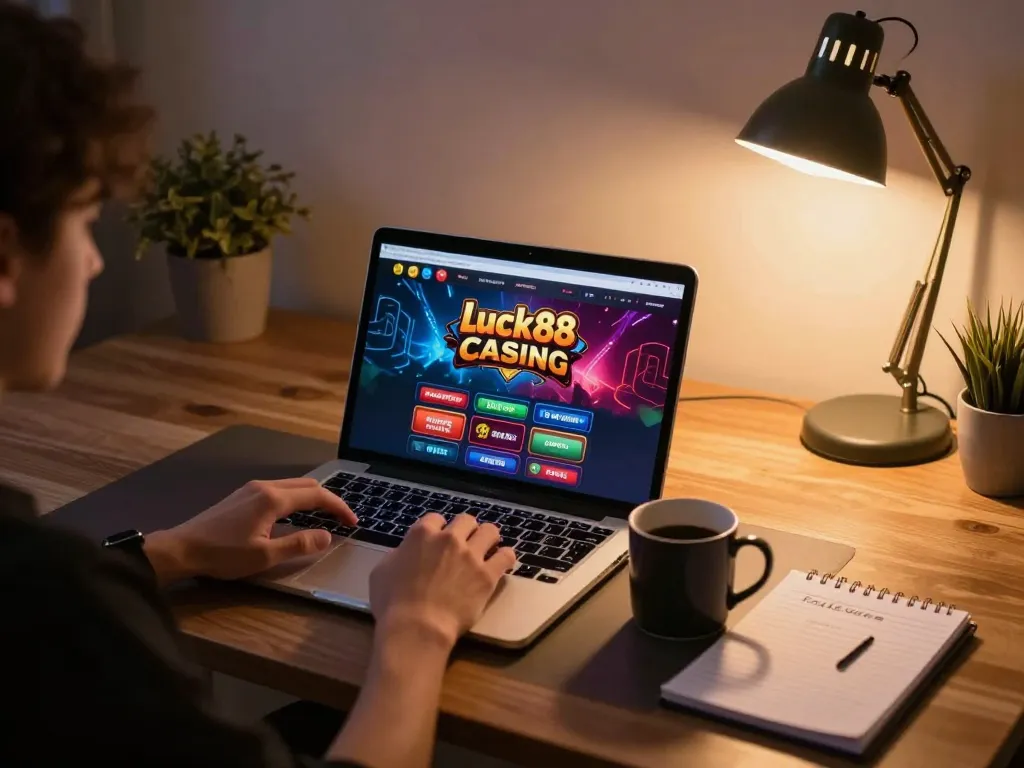 Playing luck88 online in a cozy home setup featuring a laptop and strategy notes