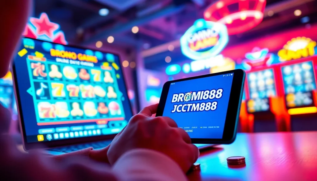 BROMO888 vibrant online gaming interface with user engaged in slot games.