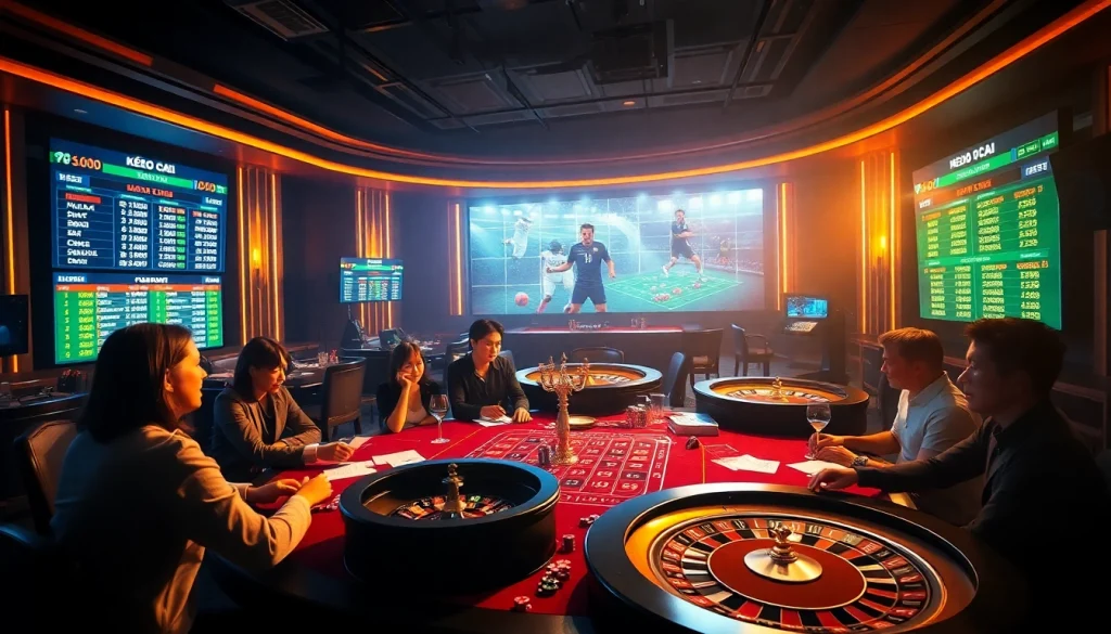 Engage in the thrill of Keo nha cai with vibrant casino visuals showcasing betting tables and digital odds.
