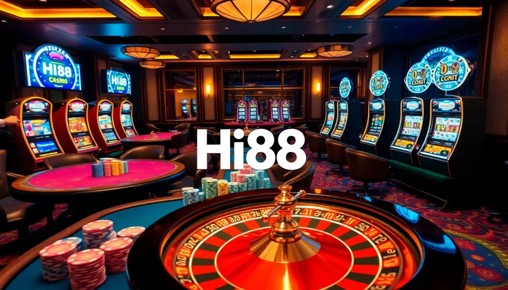 Gambling enthusiasts enjoying a thrilling Hi88 casino experience with vibrant tables and slot machines.