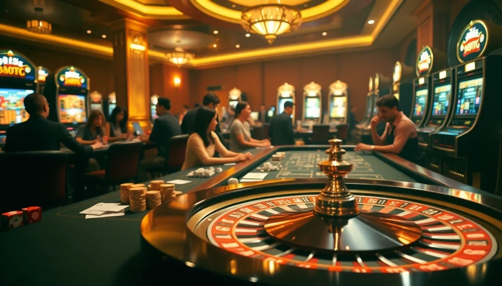 Exciting scene showcasing players enjoying free credit 918kiss at luxurious casino tables with vibrant gaming elements.