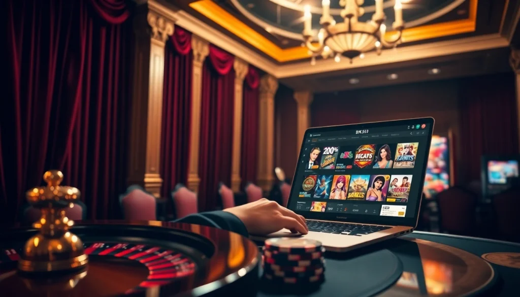 Experience the thrill of BK33 online gaming with elegant casino elements and vibrant action.
