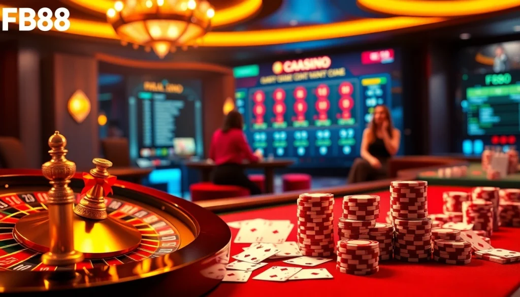 Experience the excitement of Nhà Cái FB88 with vibrant casino elements like roulette and poker.