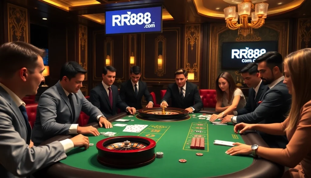Experience excitement at RR88 Com with professional players at a luxurious casino table.