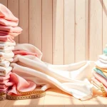 Bekijk mooie 100% katoen stoffen in een kleurrijke presentatie met verschillende texturen en patronen.