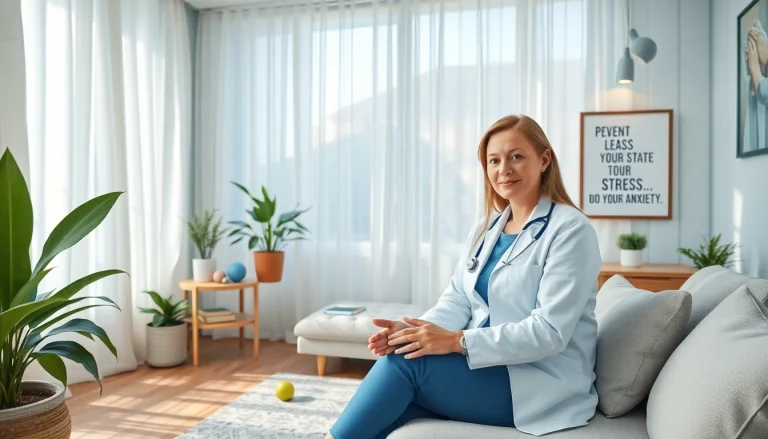 Manage stress and anxiety with a therapist in a calming office environment equipped with soothing decor.
