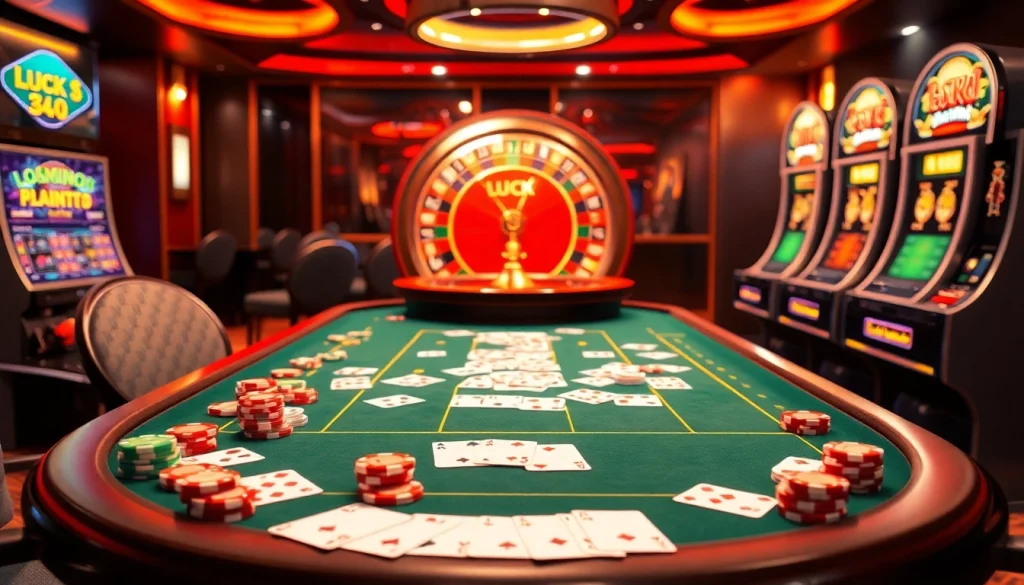 LUCK 8 gaming table surrounded by colorful chips and a spinning roulette wheel.