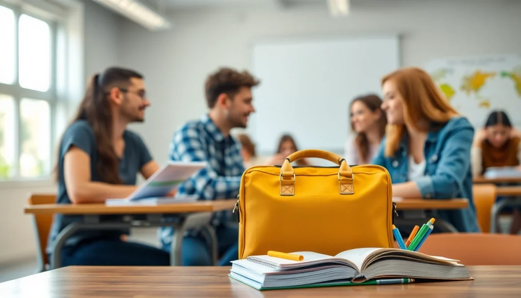 Präsentation von Handytasche Klassenzimmer mit Studierenden und Lernmaterialien im Hintergrund.