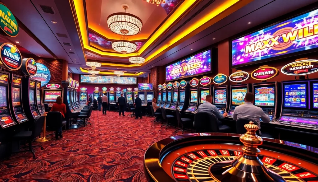 Players enjoying Idnslot games at a vibrant casino, with colorful slot machines and poker chips.