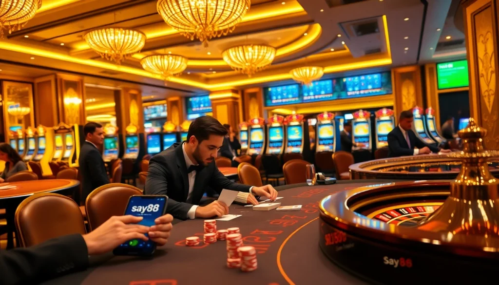 Excited players at a say88 poker table amidst vibrant casino lights.